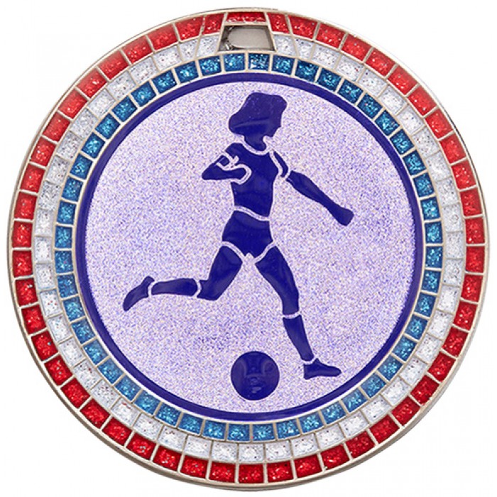 70MM WOMEN'S FOOTBALL RED,WHITE AND BLUE GEM MEDAL - SILVER